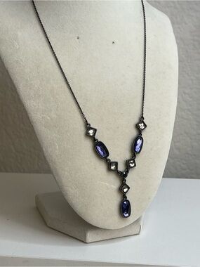 Avon gunmetal y-drop necklace 18” blue and white rhinestone